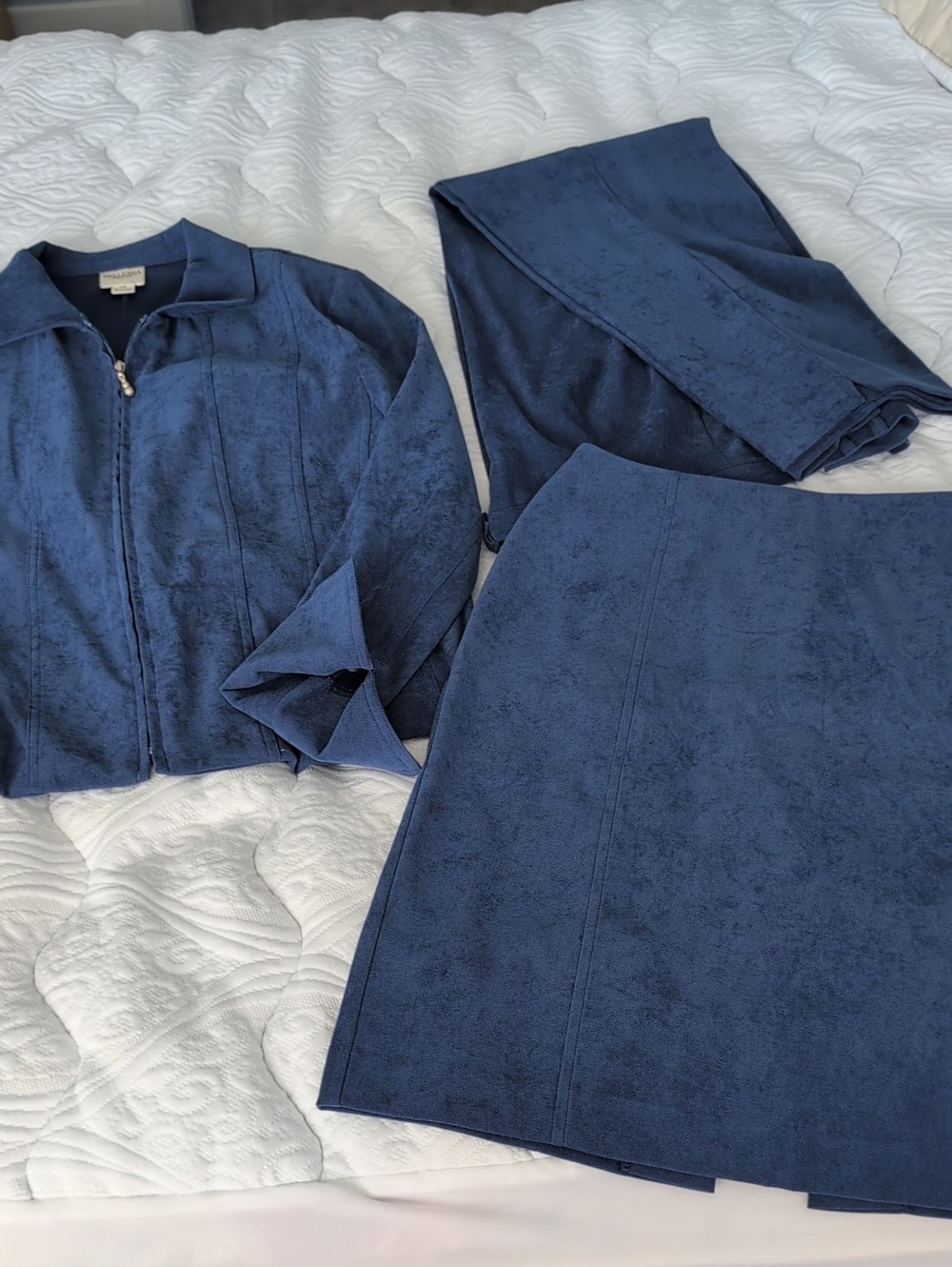 Blue Jacket, Skirt And Pants in Suede-Look Finish
